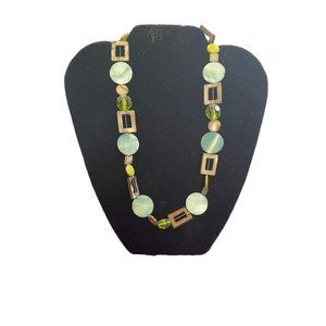 Vintage 80's Green Glass Blue Yellow Bronze Acrylic Stone Bead Adjustable Neckla